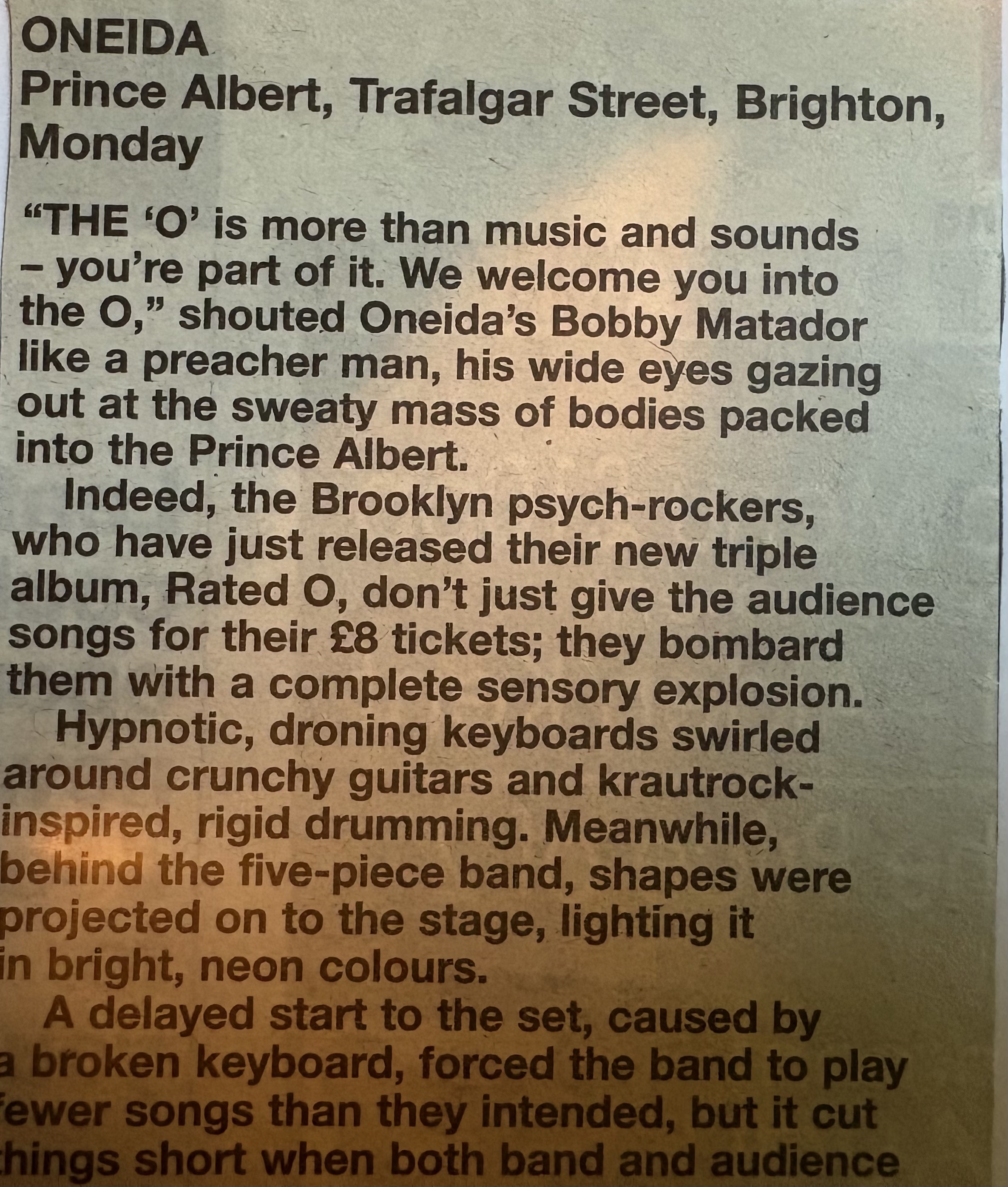 Oneida concert review for The Argus newspaper